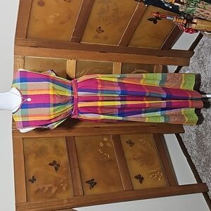 Vintage 90's Rainbow Plaid Sleeveless Linen Maxi Dress
